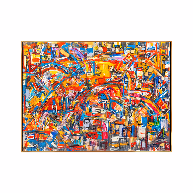 an oversized horizontal maximalist painting of a bird's-eye city made of small red, orange and yellow blocks with blue and white roads and arcs curving through them, built in thick palette-knife oil