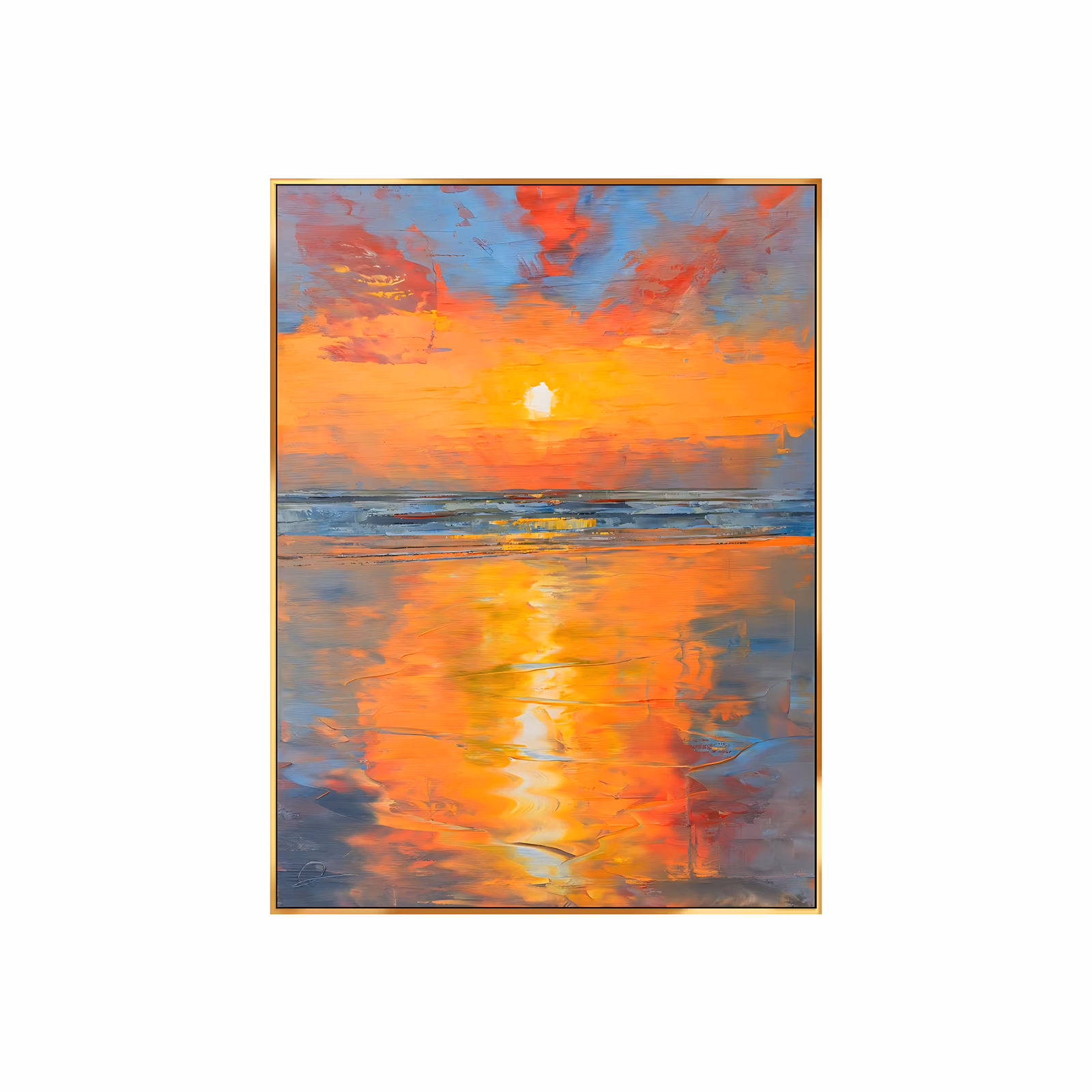 a large vertical impressionist painting of an orange sunset over the sea, a small white sun above the horizon and its reflection running down wet sand in red, yellow and gray, in thick knife smears