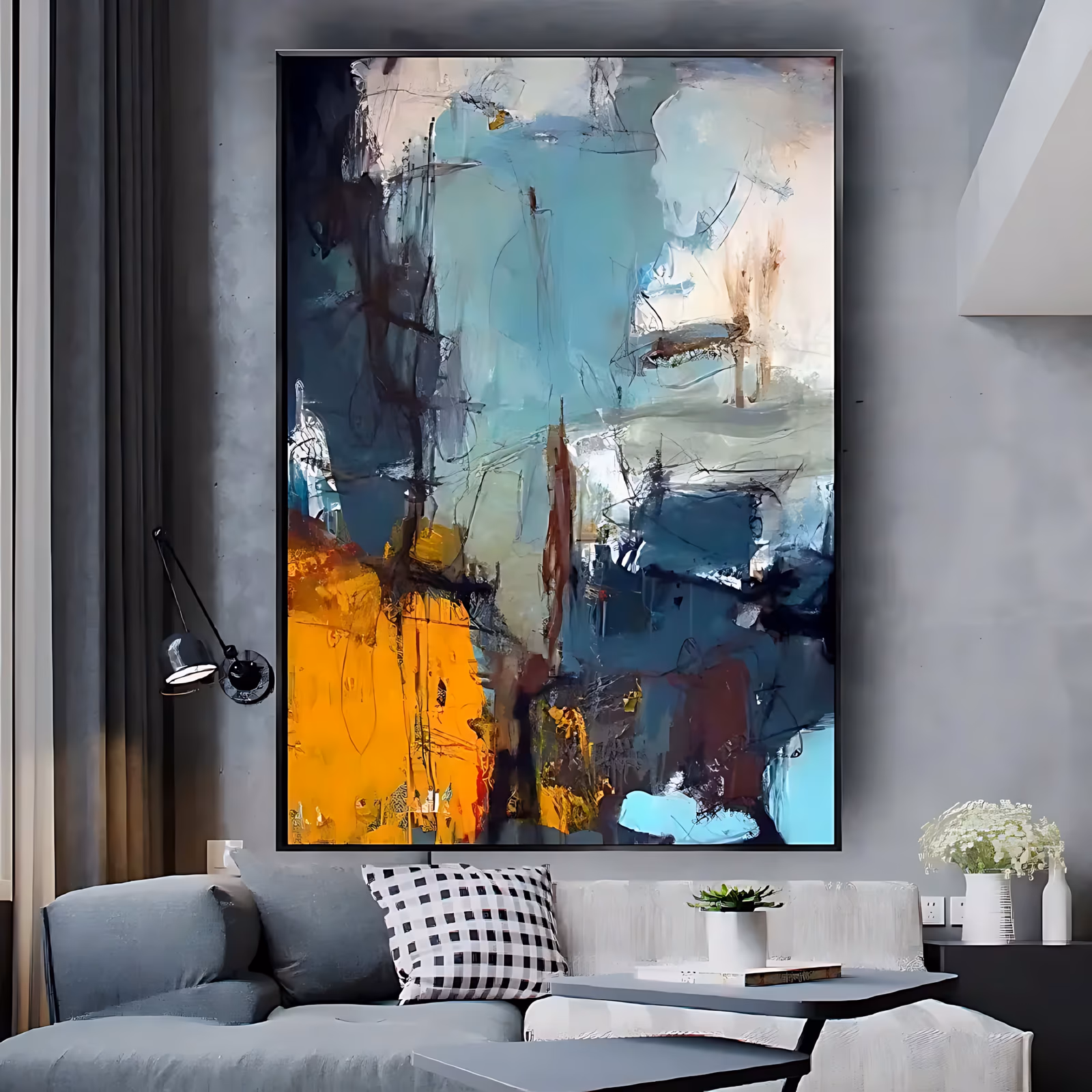 a large vertical abstract painting of a teal and gray field scribbled over with black lines, with a saturated orange block in the lower left and pale scraped patches at the top, in thick oil