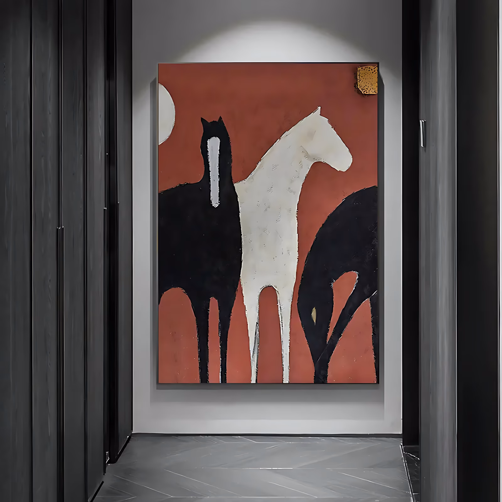 a large vertical folk art painting of three simplified horses, two black and one cream, standing on a deep terracotta red field with a pale moon at upper left and a small gold square at upper right, in flat chalky paint