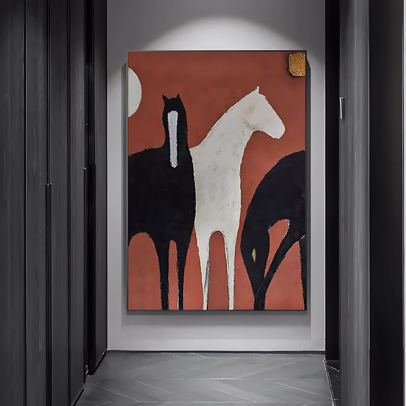 a large vertical folk art painting of three simplified horses, two black and one cream, standing on a deep terracotta red field with a pale moon at upper left and a small gold square at upper right, in flat chalky paint