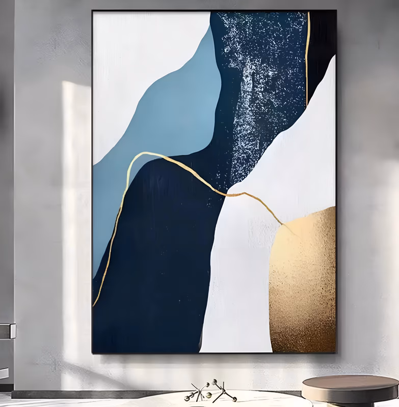 a large vertical abstract painting with sweeping fields of white, pale blue and deep navy, a speckled dark band at the top and a soft gold-leaf shape in the lower right, joined by one thin gold line
