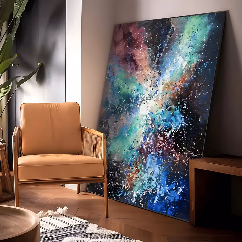 a large vertical abstract painting of a cosmic nebula, with teal, green and deep blue clouds and dusty magenta patches spreading from a bright white core on a near-black ground, in flicked and spattered acrylic
