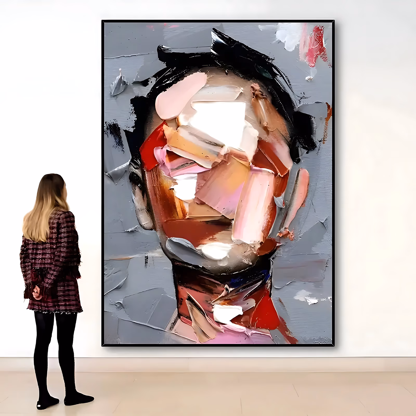 a large vertical abstract portrait of a face built from thick faceted slabs of pink, white, red and tan paint on a cool gray ground, features barely resolved, in heavy palette-knife oil
