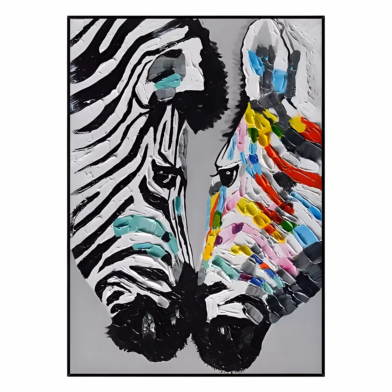 a large vertical palette-knife painting of two zebra heads facing each other, the left one in black and white stripes with teal accents and the right one striped in red, yellow, pink and blue, in heavy impasto