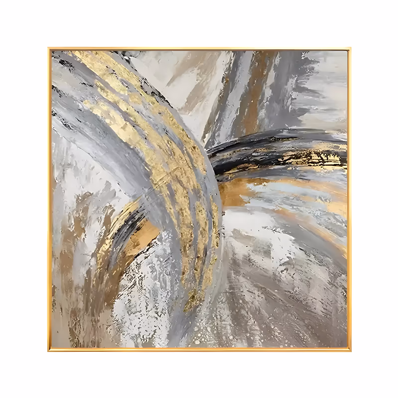 a large square abstract painting of broad curving gray, taupe and white bands crossed by a wide gold leaf stripe running from the top left, with black accents, in dry-brushed impasto