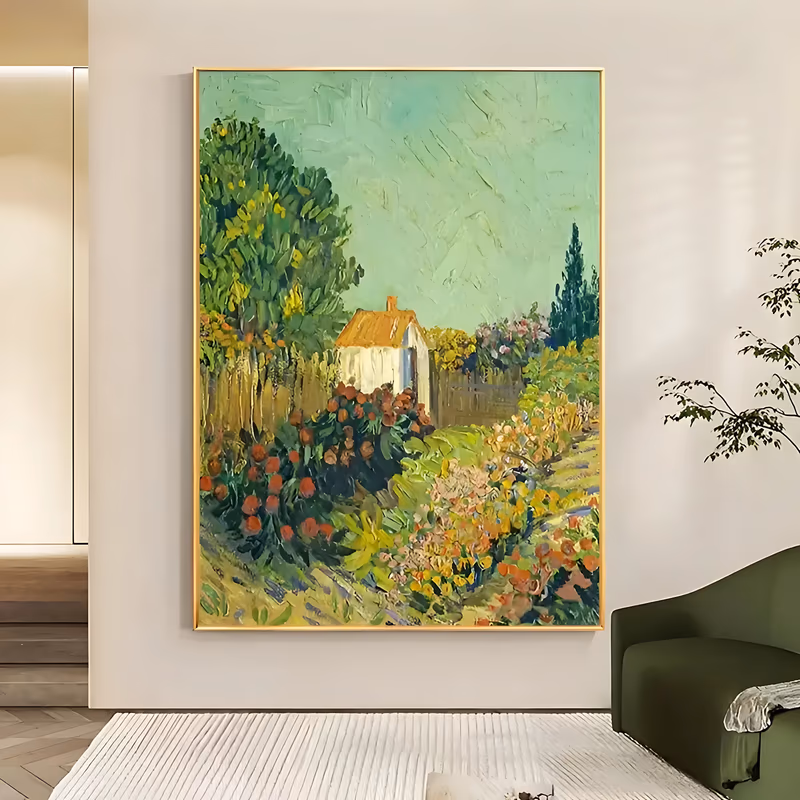 a tall impressionist painting of a small whitewashed cottage with an orange roof behind a fence, banked by red and gold garden flowers and green trees under a mint sky, in ridged impasto