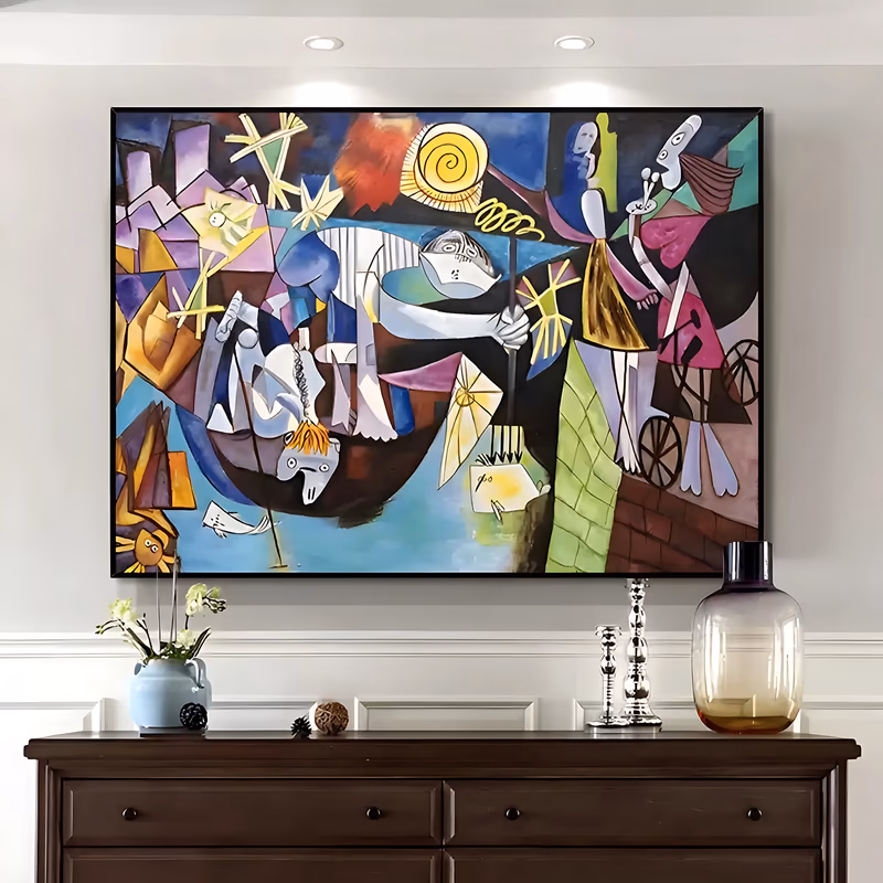 a wide horizontal cubist painting of a night harbor scene, with two figures spearing fish from a dark boat below a spiral yellow moon and two women watching from a brick quay, in flat oil color