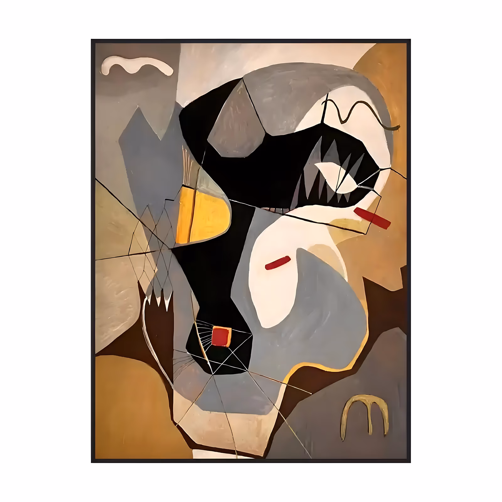 a large vertical cubist abstract painting of interlocking tan, gray, black and ochre shapes that read as a mask-like face, with thin drawn lines and two small red bars, in flat matte oil