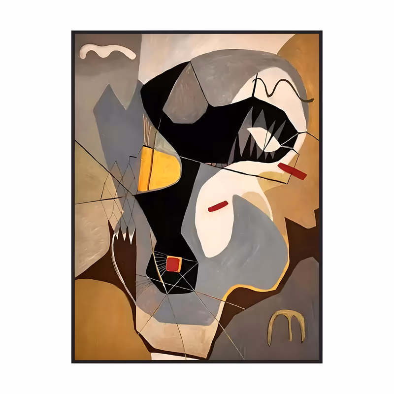 a large vertical cubist abstract painting of interlocking tan, gray, black and ochre shapes that read as a mask-like face, with thin drawn lines and two small red bars, in flat matte oil
