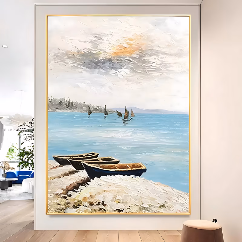 a large vertical impressionist seascape painting of three wooden boats pulled onto a pale rocky shore at the lower edge, a turquoise bay with small brown sails beyond and a cream sky, in heavy palette-knife oil