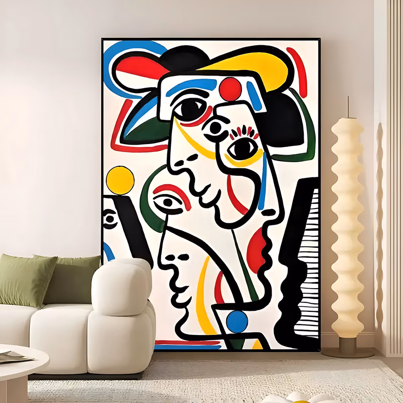a large vertical cubist painting of overlapping faces drawn in heavy black line on cream, filled with flat patches of red, blue, yellow and green, with a striped black panel at the right, in smooth acrylic