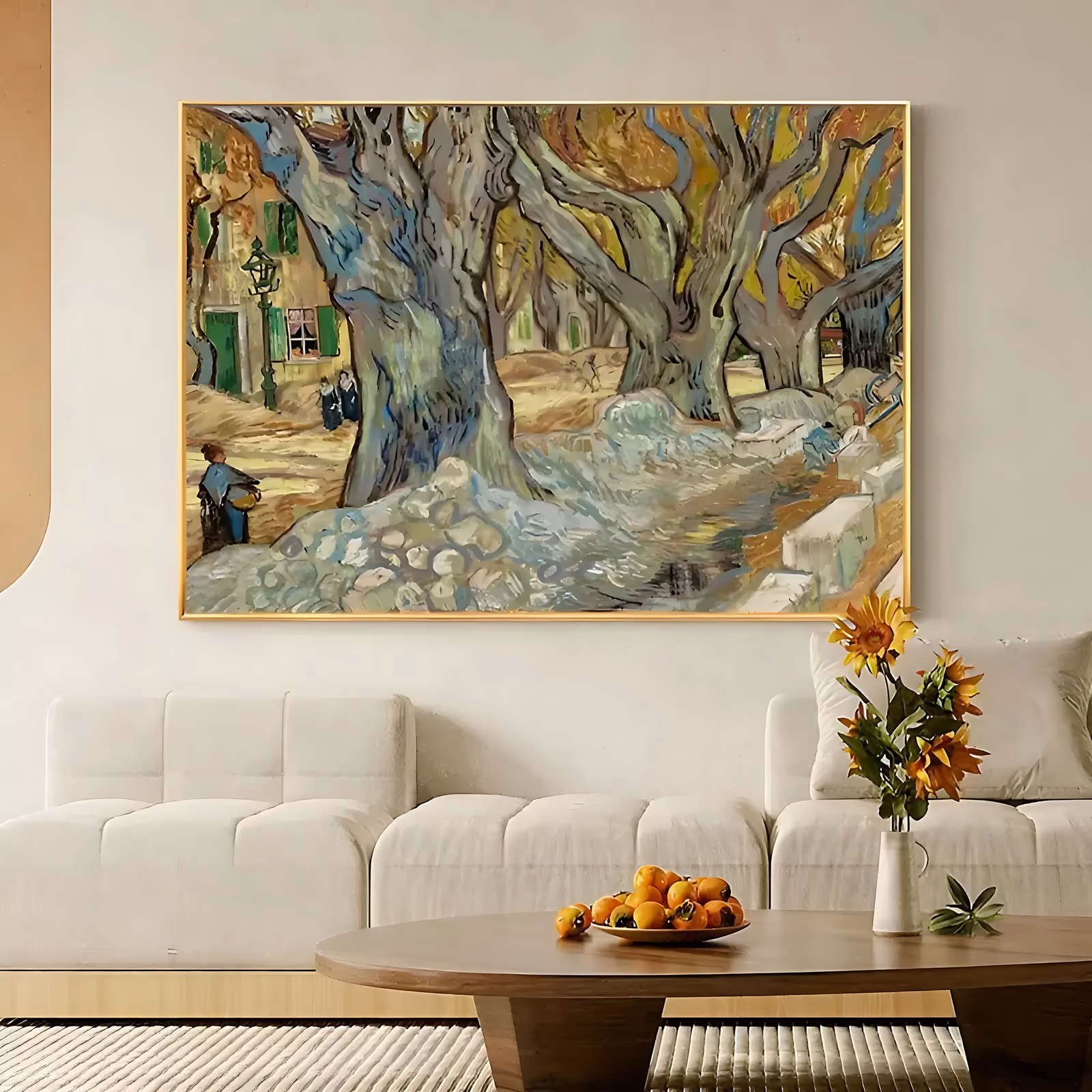 a horizontal impressionist painting of massive gray-green plane tree trunks over a village street, small figures and road menders working at the base, with ochre foliage above, in thick swirling oil