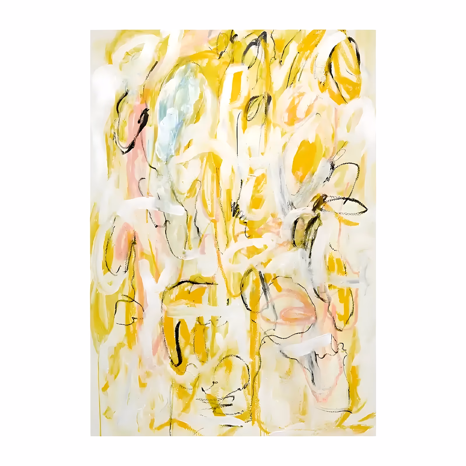 a large vertical abstract painting of loose pale yellow and cream brushstrokes with looping black charcoal lines and faint pink patches spread over a white ground, in thin hand-painted acrylic