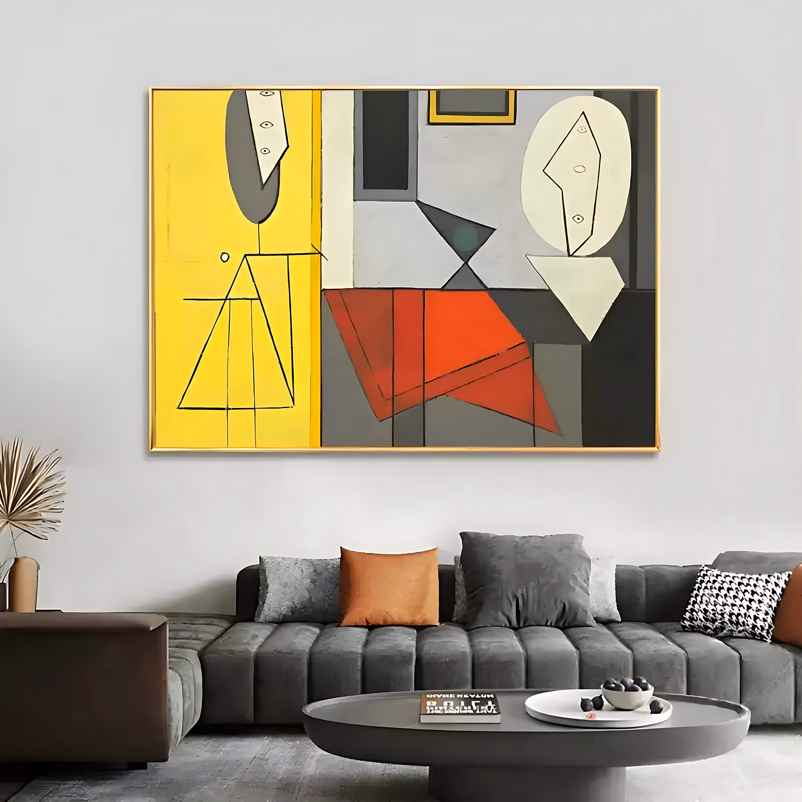 a wide horizontal cubist painting of a studio interior with a black line figure on a yellow panel at left and a pale oval head at right, over gray walls and a red table, in flat matte oil