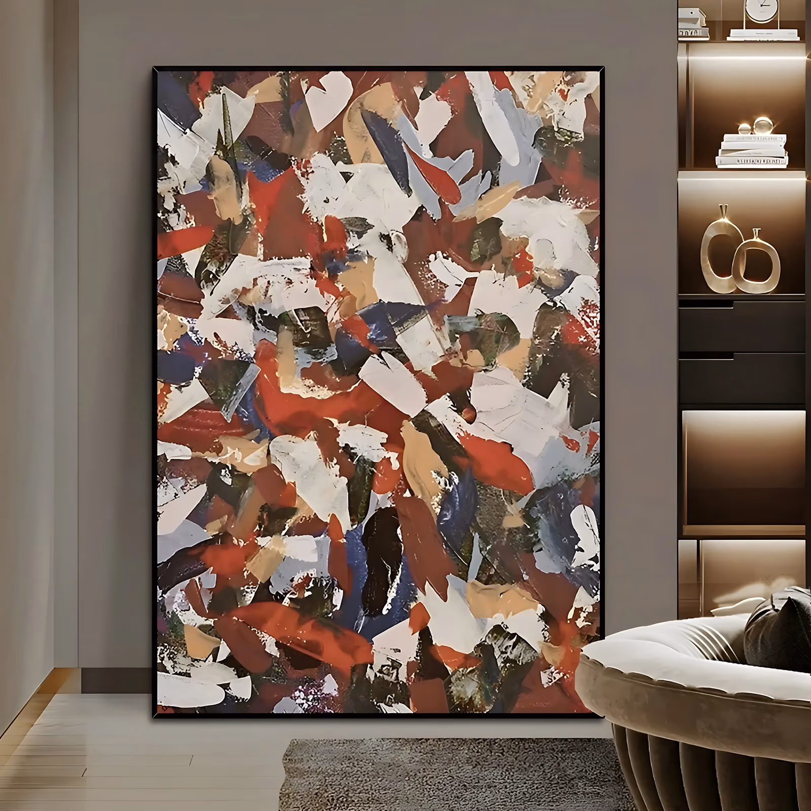 a large vertical abstract painting of overlapping shards of brick red, white, navy, tan and black paint, laid on with a knife in short angled strokes that cover the canvas with no gaps