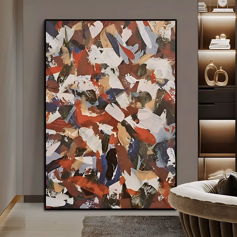 a large vertical abstract painting of overlapping shards of brick red, white, navy, tan and black paint, laid on with a knife in short angled strokes that cover the canvas with no gaps