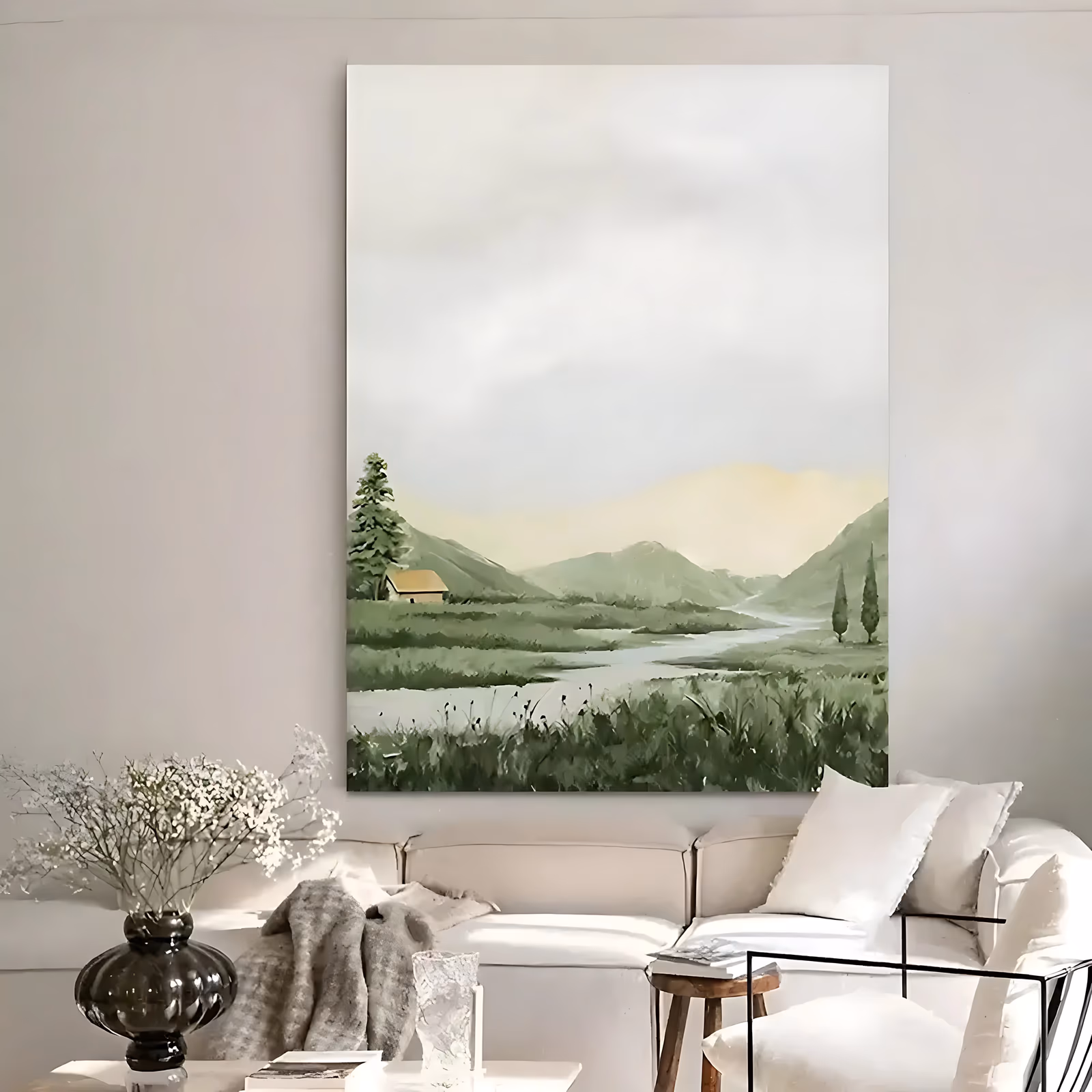 a large vertical landscape painting of a small cabin with an ochre roof beside a winding river in a sage green mountain valley, two slim cypress trees on the right and a pale gray misty sky above, in soft acrylic