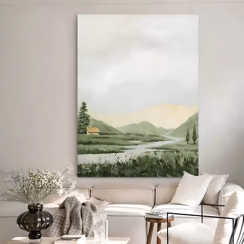 a large vertical landscape painting of a small cabin with an ochre roof beside a winding river in a sage green mountain valley, two slim cypress trees on the right and a pale gray misty sky above, in soft acrylic