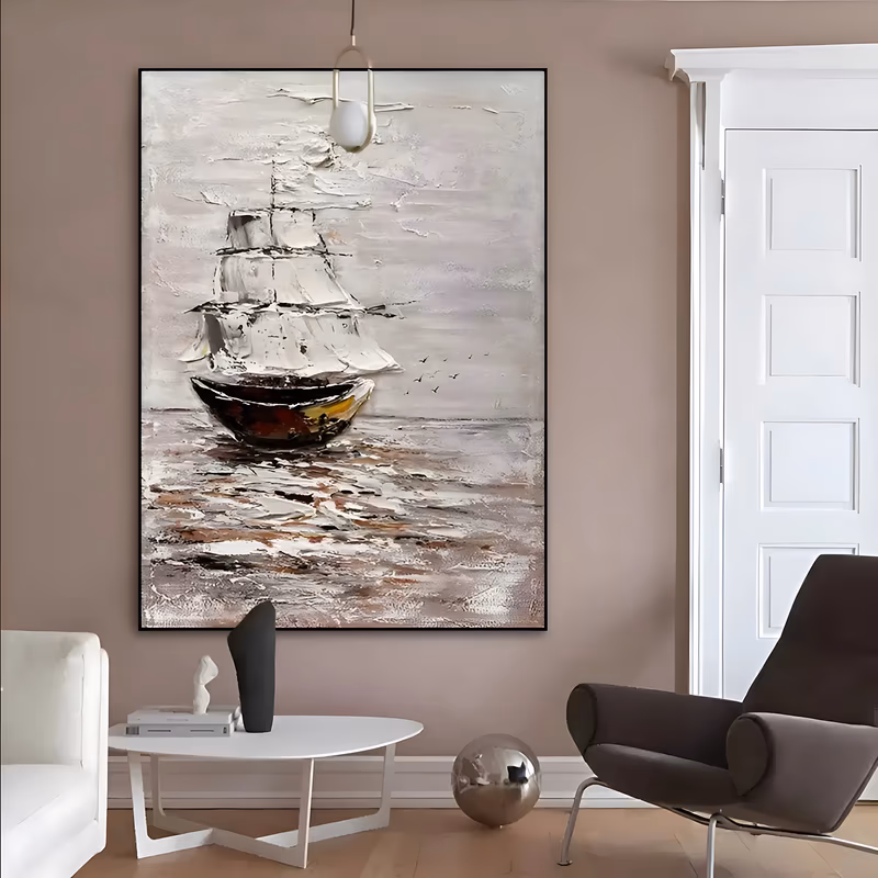 a tall vertical impasto painting of a three-masted sailing ship with full white sails and a dark red and yellow hull, drifting at center on a pale beige and gray sea, with small birds to the right