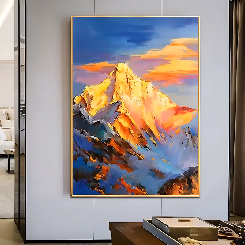 a large vertical impressionist painting of a snow peak lit gold and orange by low sun, rising above blue and violet shadowed slopes under a deep blue sky with orange clouds, in thick knife-laid oil