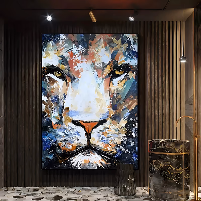 a large vertical animal painting of a lion's face filling the frame, amber eyes and a bright orange nose, the mane broken into blue, cream, black and rust knife strokes, in thick palette-knife oil