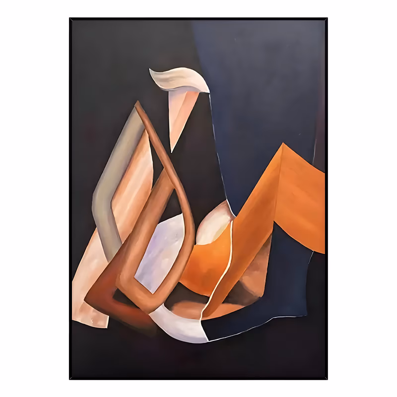 a large vertical cubist painting of a swan-like form built from angled planes in orange, tan, peach and cream, its curved neck rising at the center against a charcoal and deep navy ground, in smooth oil