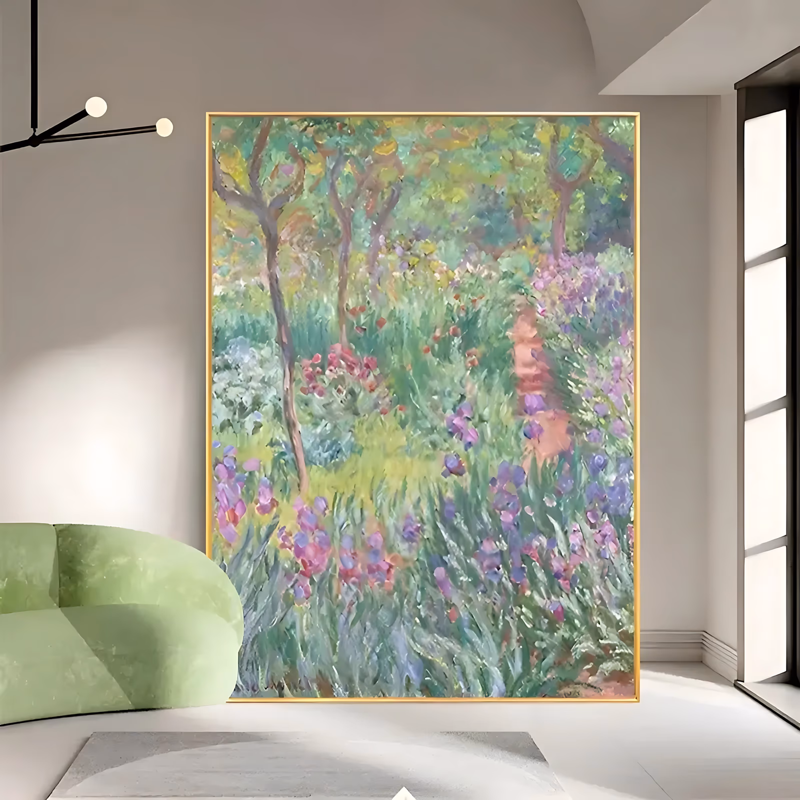 a large vertical impressionist painting of an iris garden, with purple and pink iris clumps in the foreground, slim leaning tree trunks above and a pale path curving through green foliage, in soft dry oil