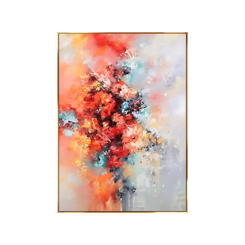 a large vertical impressionist painting of red and coral blossoms massed in a diagonal band through the center, their edges breaking into turquoise flecks and pale gray mist, in soft layered acrylic