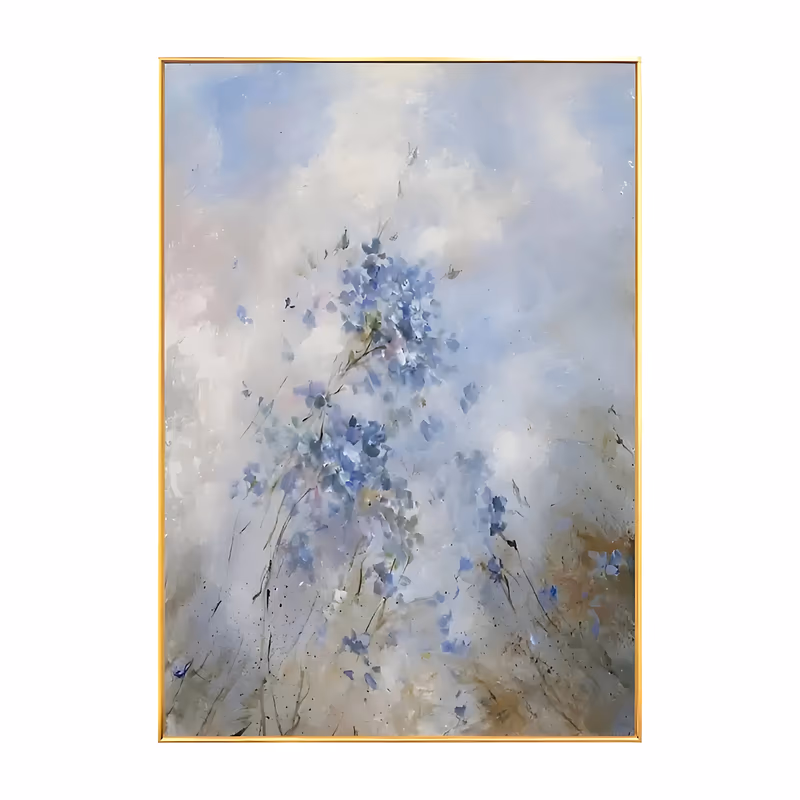 a large vertical impressionist painting of pale blue wildflowers and thin dark stems clustered down the middle of a white and beige mist, their small petals dissolving at the edges, in soft dry-brushed oil