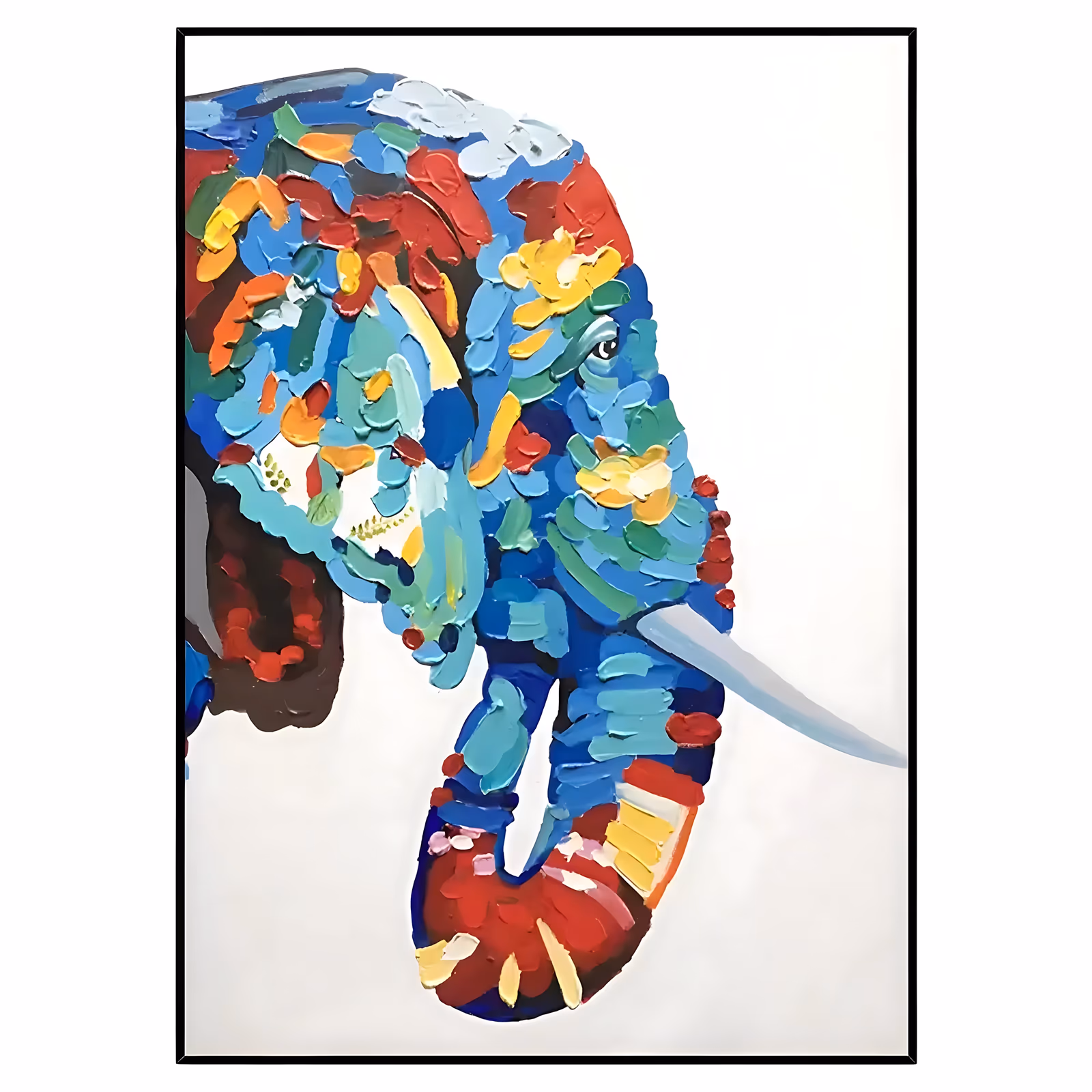 a large vertical animal painting of an elephant head in profile facing right, its ear and trunk built from short slabs of turquoise, cobalt, red and yellow paint, with one pale tusk on a bare white ground