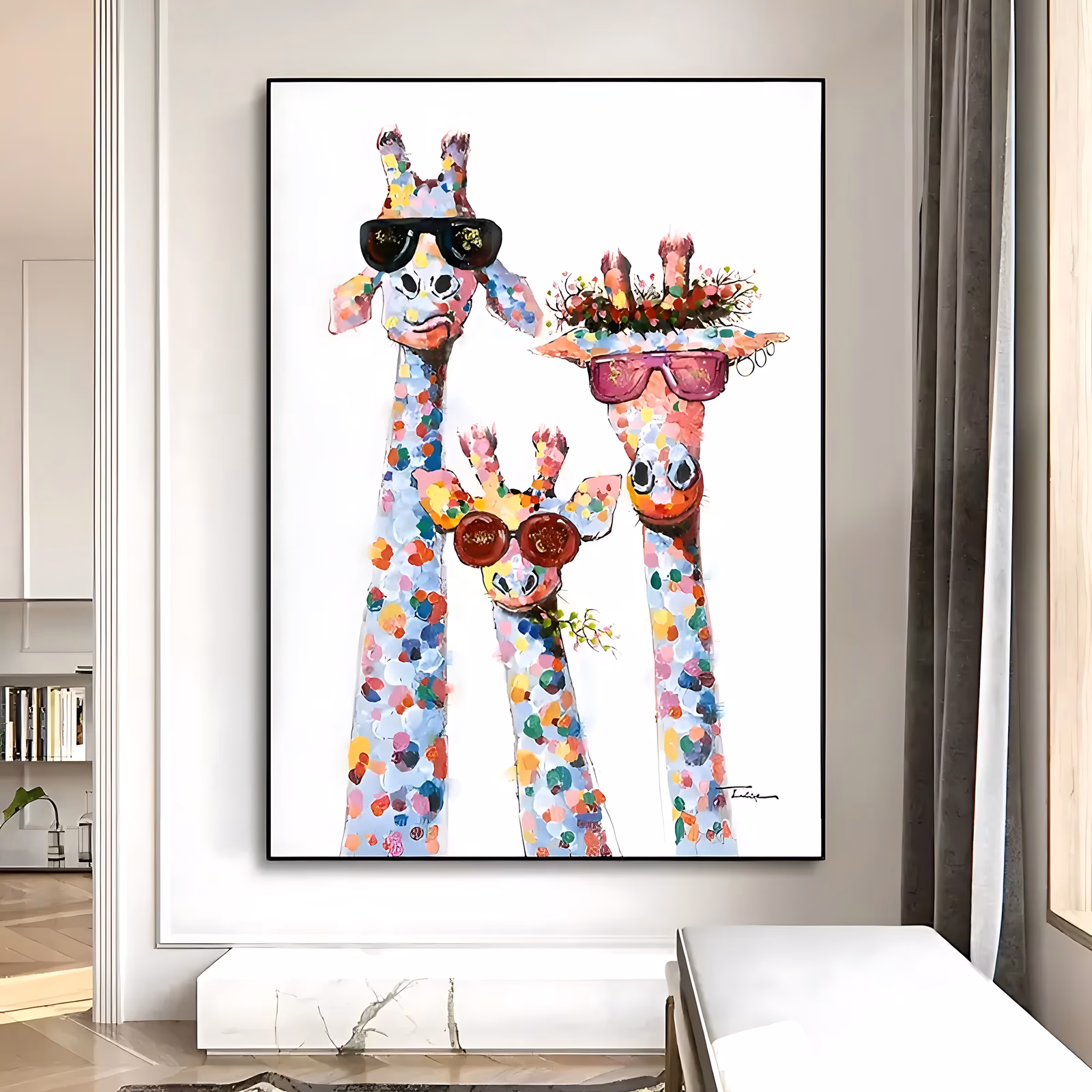 a large vertical colorful painting of three giraffes wearing sunglasses, their long necks covered in pink, blue, red and yellow confetti dots, one in a flowered straw hat, on a white ground in dabbed acrylic