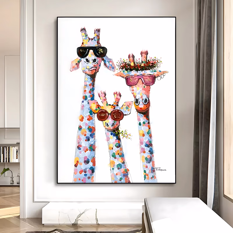 a large vertical colorful painting of three giraffes wearing sunglasses, their long necks covered in pink, blue, red and yellow confetti dots, one in a flowered straw hat, on a white ground in dabbed acrylic