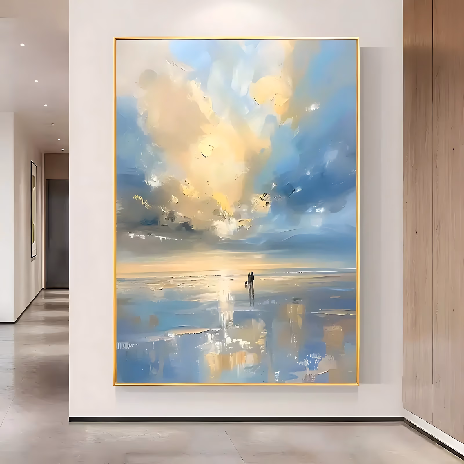 a large vertical impressionist painting of two small dark figures standing on a wide wet beach beneath towering cream and gold clouds, blue gray sky at the edges and reflected light in the sand, in palette-knife oil