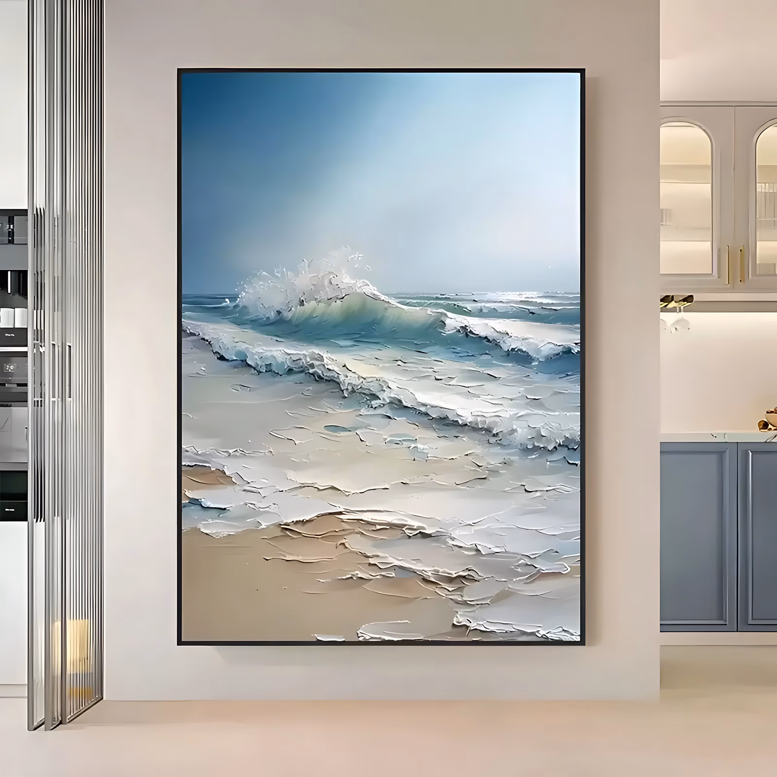 a large vertical textured seascape of a small wave breaking and rolling onto pale sand, teal water under a clear blue sky, with thick white foam ridges laid in palette-knife strokes in the foreground