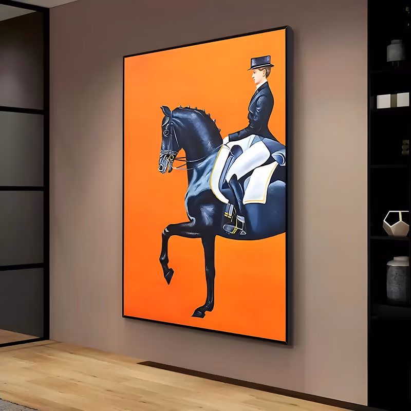 a large vertical realist painting of a black dressage horse in a raised levade with its rider in top hat, dark jacket and white breeches, set against a flat orange ground, in smooth blended oil