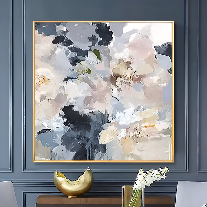 a large square abstract painting of blurred blossoms in blush pink, cream and gray with dark navy petals at the lower left and small yellow centers, built up in thick palette-knife strokes