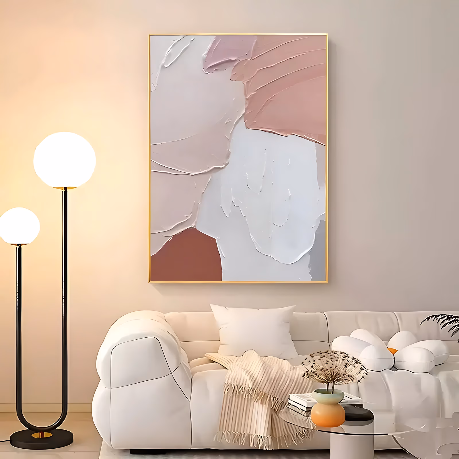 a large vertical impasto abstract painting of broad knife-laid blocks in blush pink, dusty rose, white and warm gray, with a rust terracotta wedge in the lower left corner, in thick smooth paint