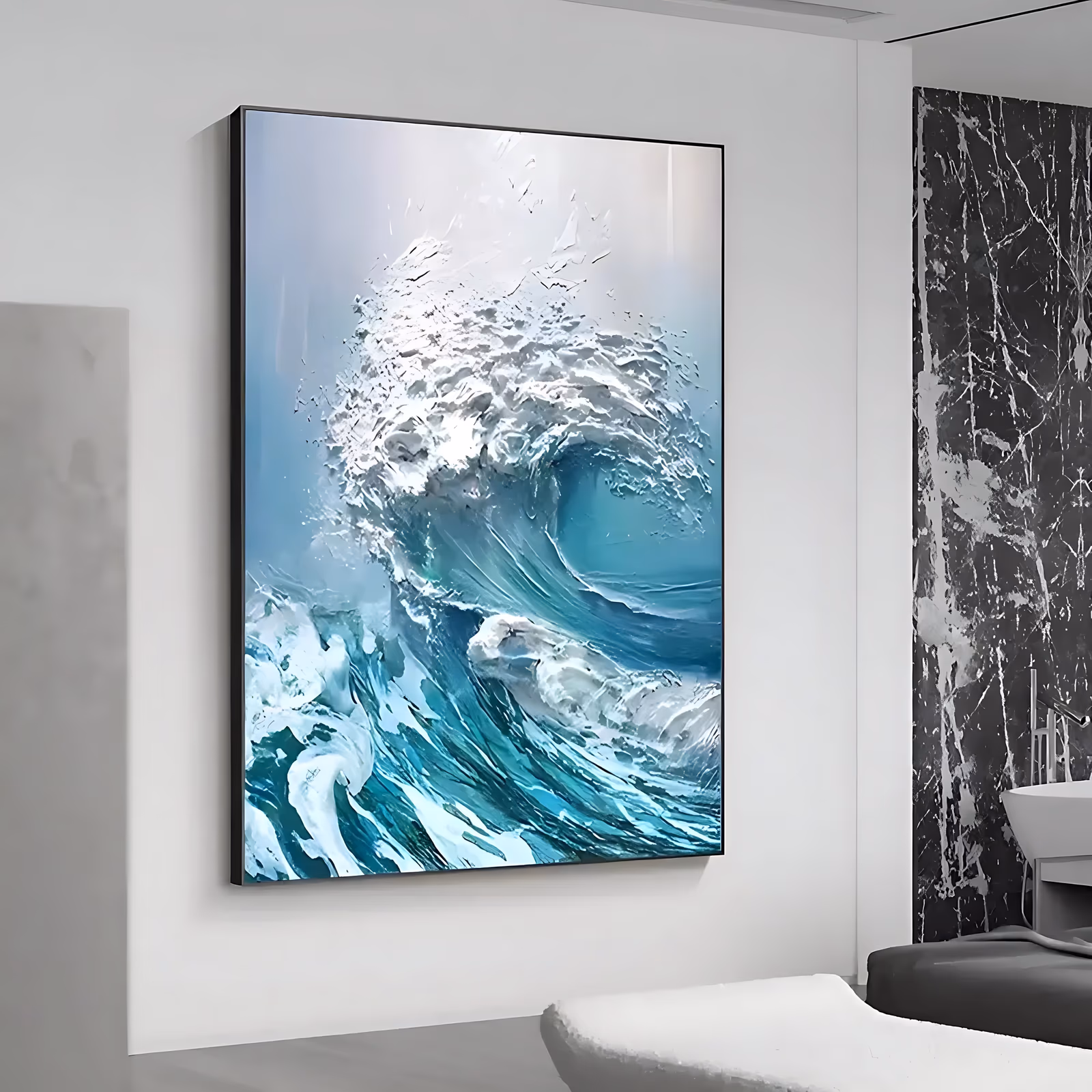 a tall vertical seascape painting of one turquoise wave curling from the right, its crest built from thick white sculpted paint that stands off the canvas, with churned foam below and a pale gray sky behind