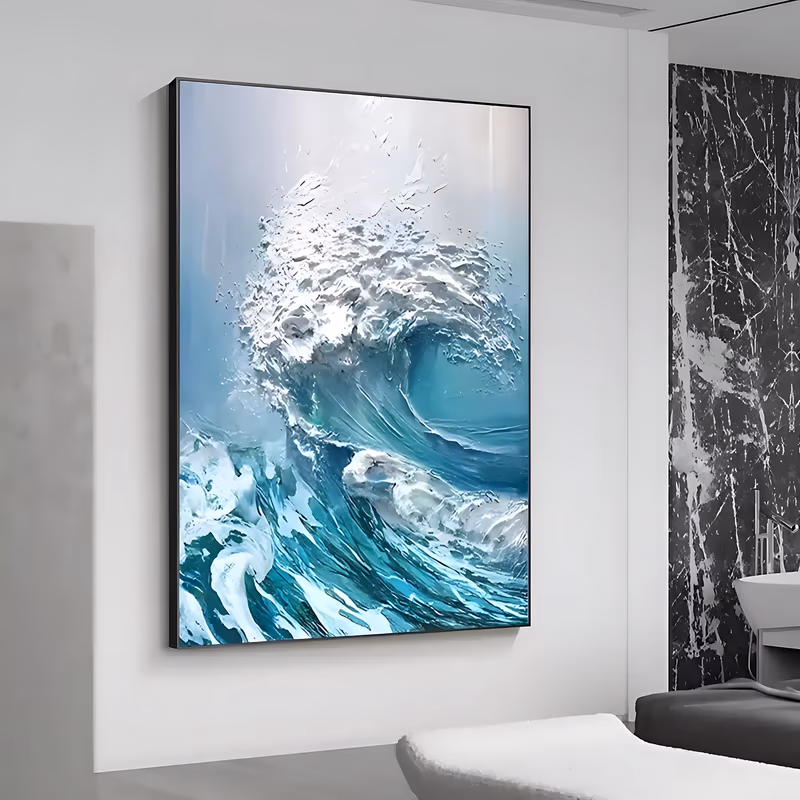 a tall vertical seascape painting of one turquoise wave curling from the right, its crest built from thick white sculpted paint that stands off the canvas, with churned foam below and a pale gray sky behind