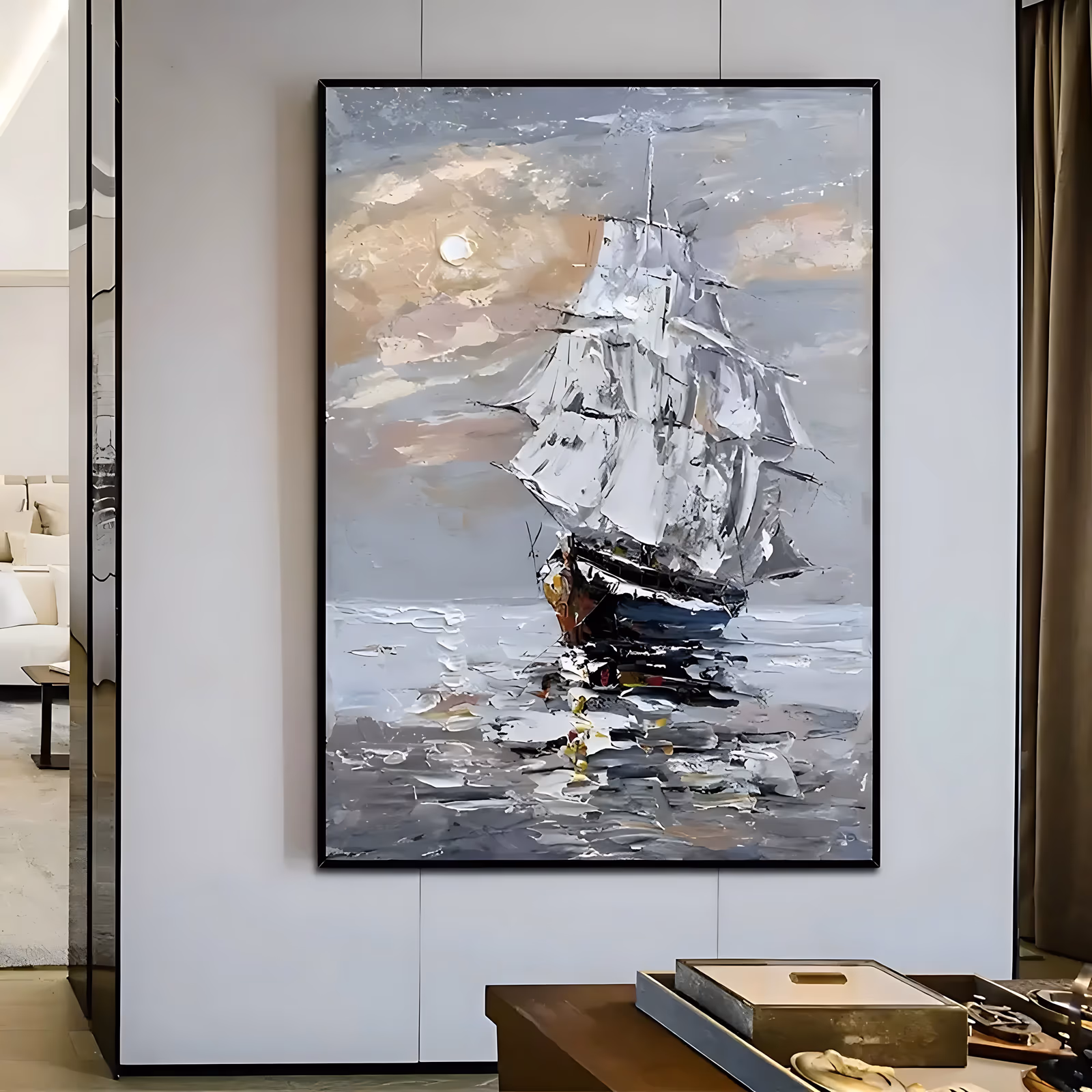 a large vertical impressionist painting of a tall sailing ship under full white sail on a calm gray sea, a pale sun in the cream sky behind it and broken reflections below, in heavy palette-knife oil