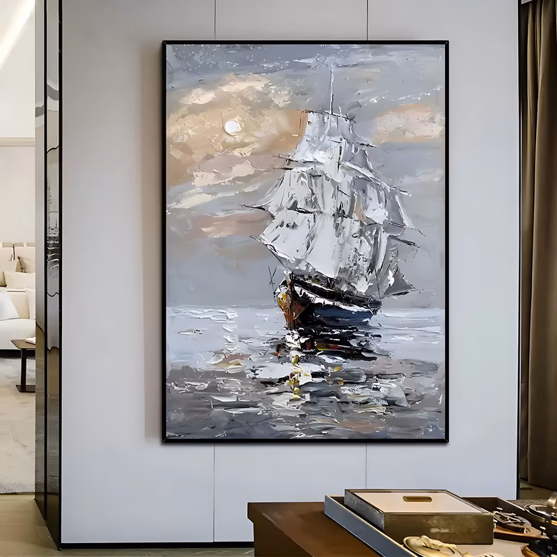a large vertical impressionist painting of a tall sailing ship under full white sail on a calm gray sea, a pale sun in the cream sky behind it and broken reflections below, in heavy palette-knife oil
