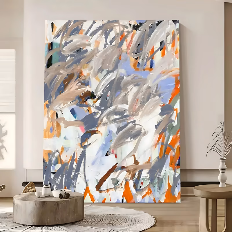 a large vertical abstract painting of loose taupe, gray and white brushstrokes curving over a busy ground of orange, blue and pink flashes, with dark marks near the edges, in thick gestural oil