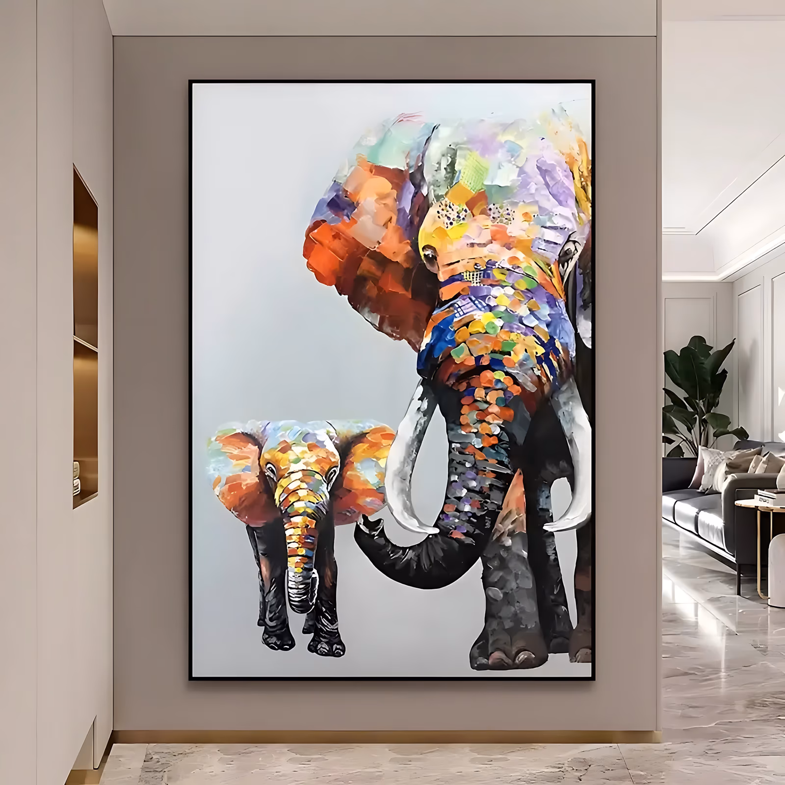 a large vertical animal painting of an adult elephant filling the right of the frame with a small calf beside it at the left, both bodies patched with orange, purple, teal and blue knife strokes on pale gray