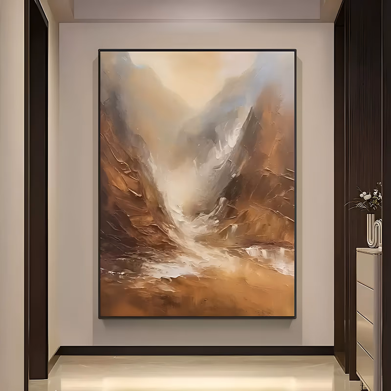 a large vertical impressionist painting of a misty canyon where ochre and brown rock walls lean in from both sides and a pale cream river of light runs down the middle, in raised plaster-thick paint