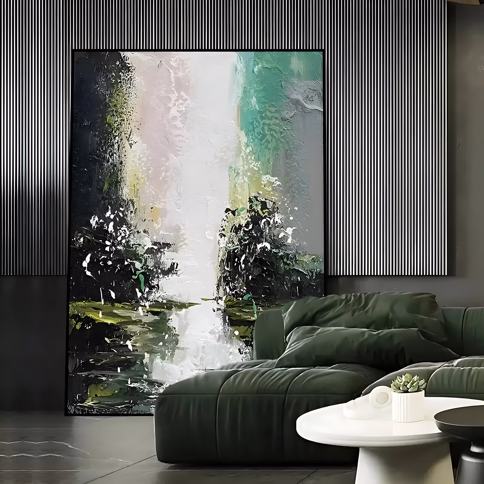 a large vertical abstract painting of a white cascade falling down the middle of the canvas between dark green and black knife-built banks, with blush pink light above and white flecks below, in thick sculpted oil