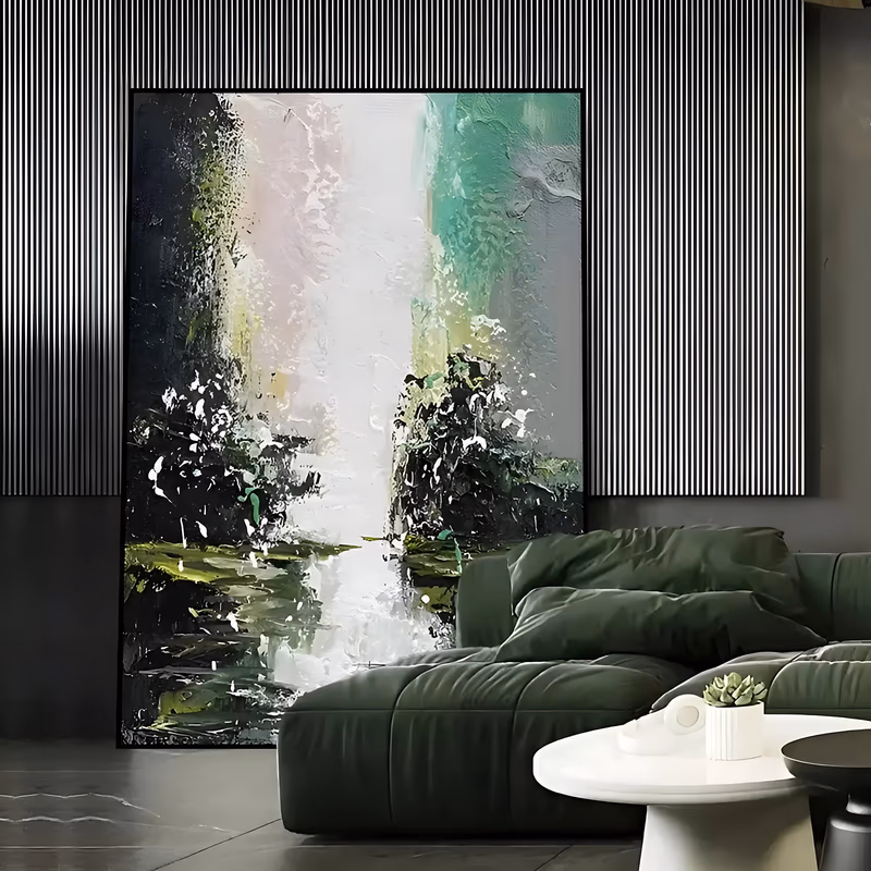 a large vertical abstract painting of a white cascade falling down the middle of the canvas between dark green and black knife-built banks, with blush pink light above and white flecks below, in thick sculpted oil