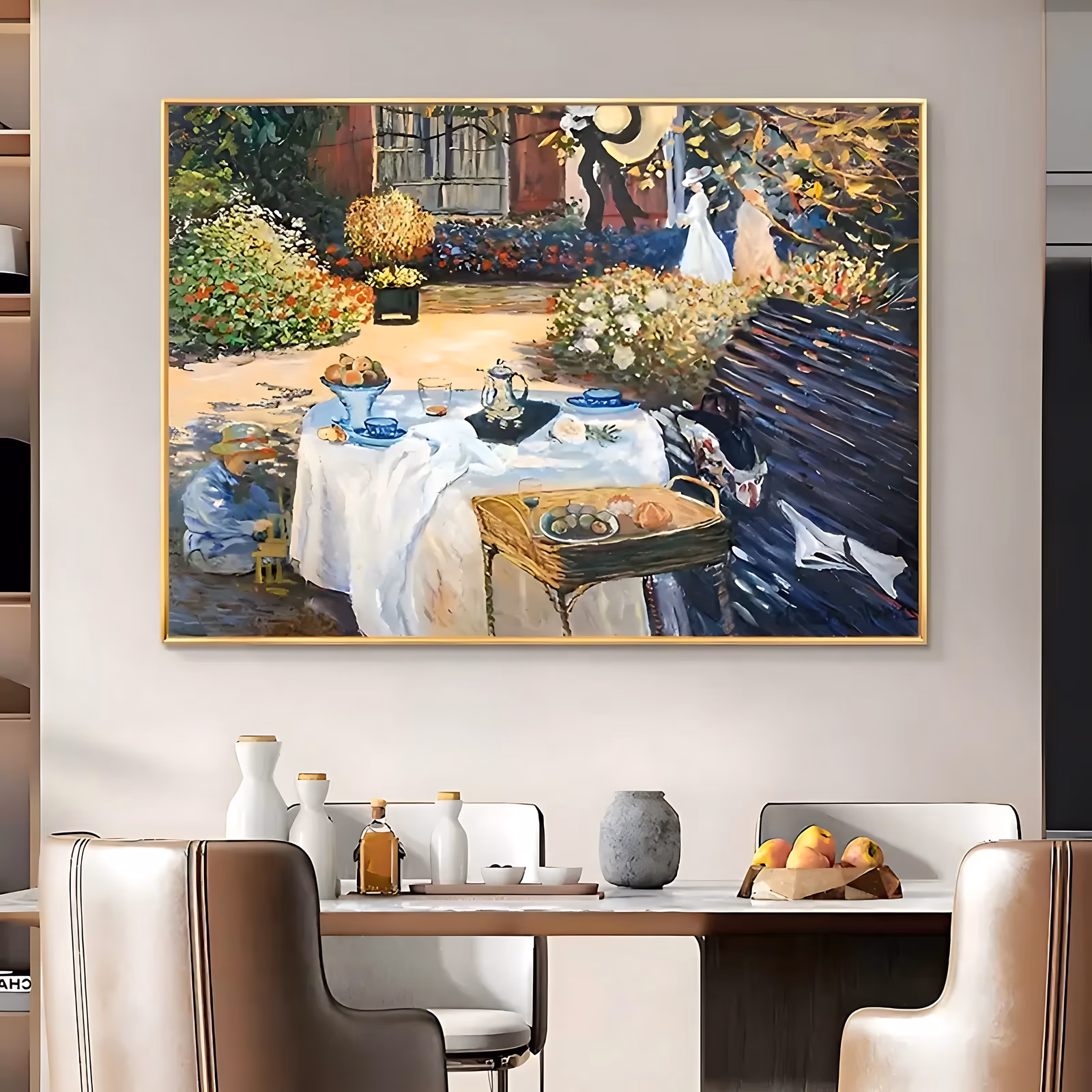 a large horizontal impressionist oil painting of a garden luncheon, a white cloth table set with fruit and blue cups, a child seated on the ground at left and two women in white among red and green flowerbeds