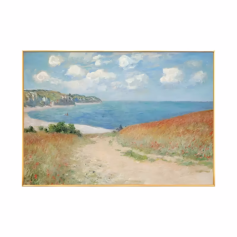 a horizontal impressionist painting of a sandy path running down through wheat and red poppies to a turquoise bay, with white cliffs at the left under a clouded blue sky, in soft oil