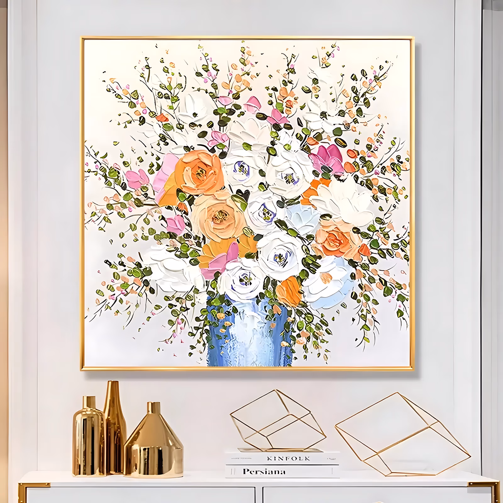 a large square impasto still life of a loose bouquet of white, orange, peach and pink blooms with small green leaves spraying out above a blue-striped vase on cream, in thick knife-laid paint